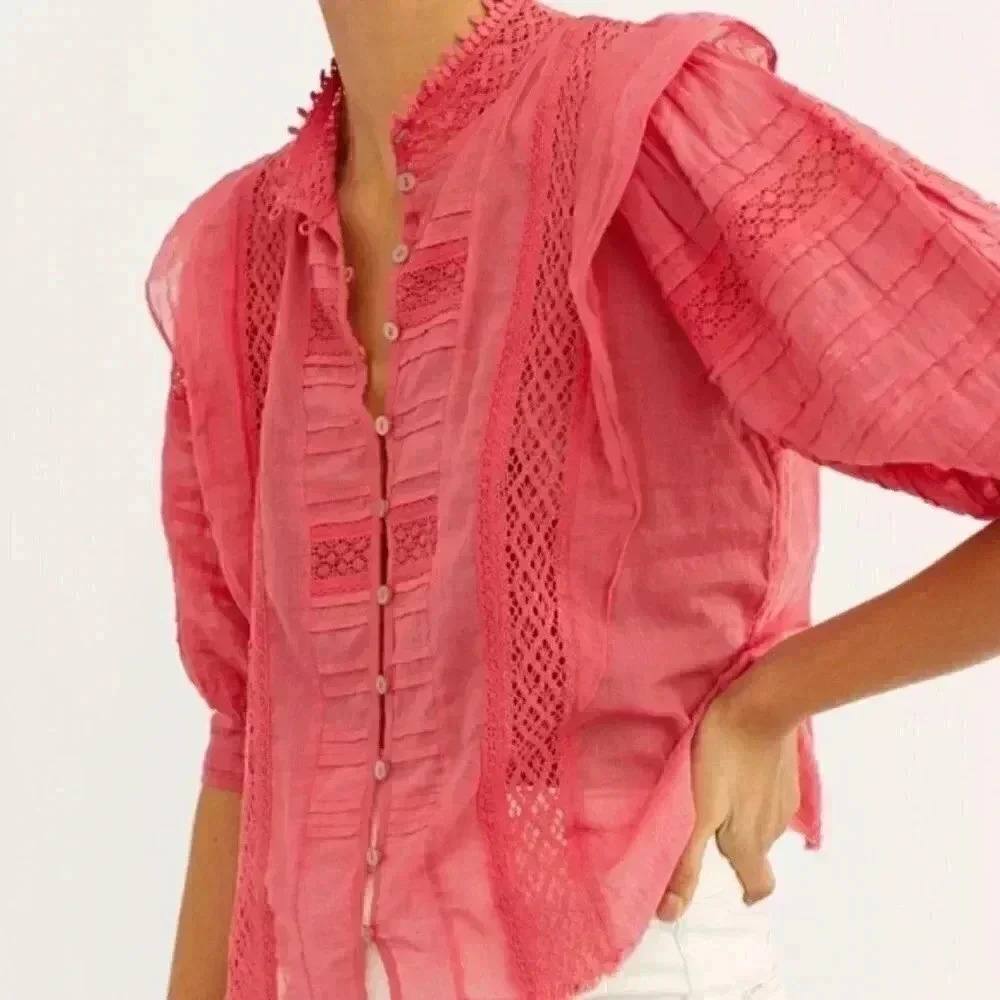 Free People Roselind Lace Eyelet Blouse Top